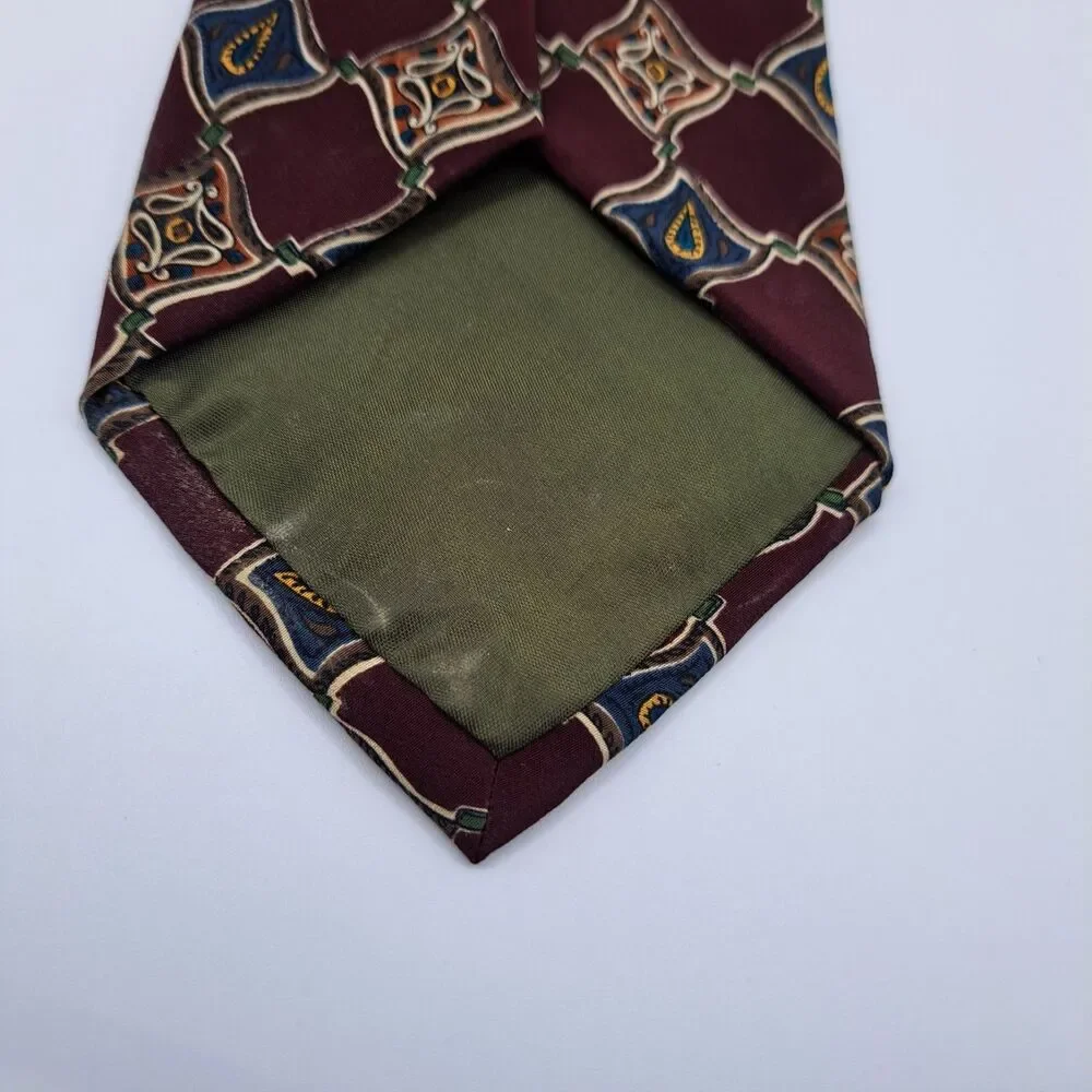 Vintage Chaps Ralph Lauren Tie Burgundy Multicolor Geometric 100% Silk USA‎